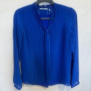 NWOT T Tahari Royal Blue Pleated Tie Neck Blouse XS